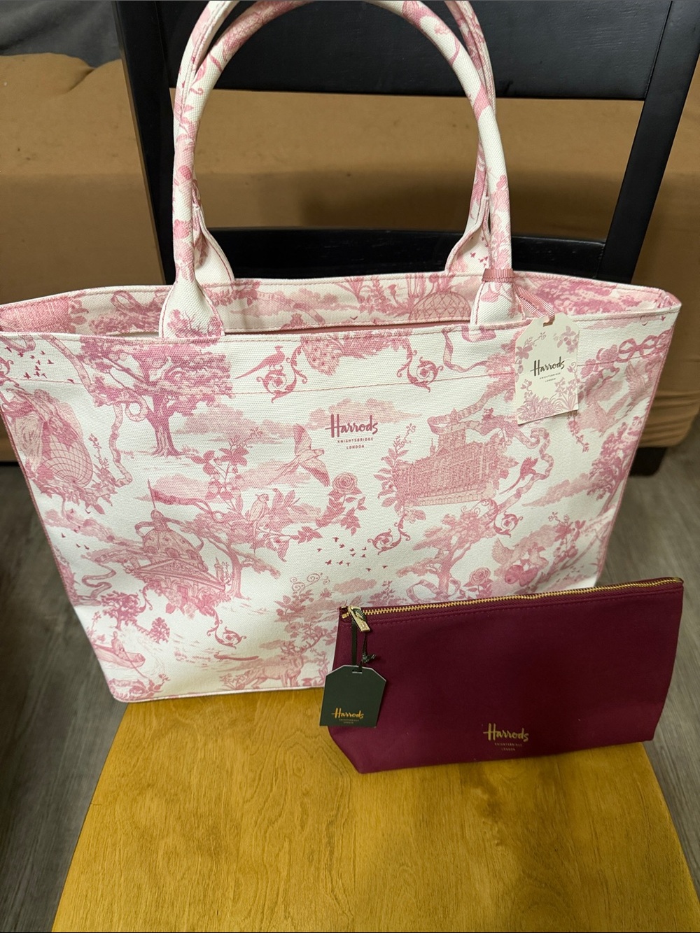 Harrods Pink Toile Canvas Tote with Burgundy Zip Pouch